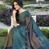 Navy Blue Handloom Kanchipuram Silk Saree with Zari Stripes & Floral Vine Pallu