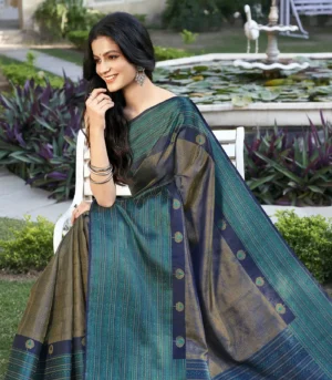 Navy Blue Handloom Kanchipuram Silk Saree with Zari Stripes & Floral Vine Pallu