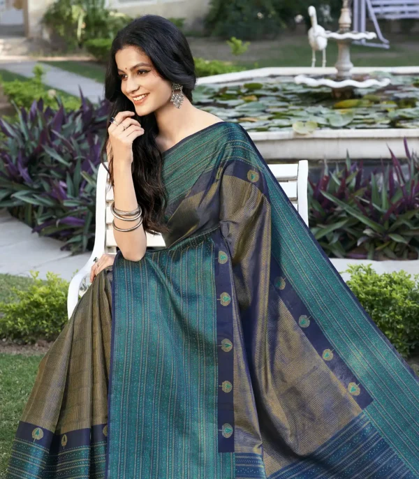Navy Blue Handloom Kanchipuram Silk Saree with Zari Stripes & Floral Vine Pallu