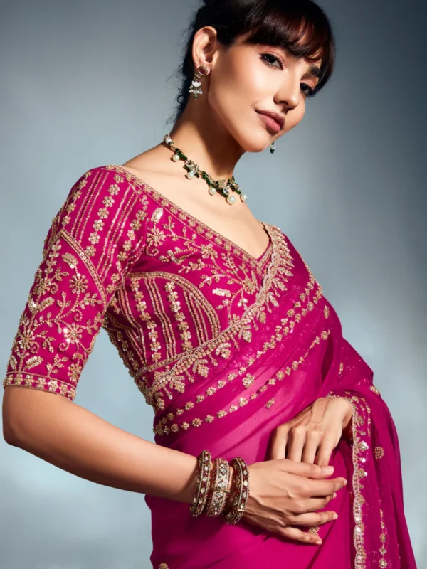 Roopkala Pure Tissue Silk Saree in Rani Pink — Moti & Cutdana Work with Heavy Handwork Border