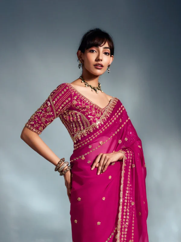 Roopkala Pure Tissue Silk Saree in Rani Pink — Moti & Cutdana Work with Heavy Handwork Border