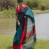 Teal Handloom Bengal Cotton Saree with Geometric Buttas & Contrast Border