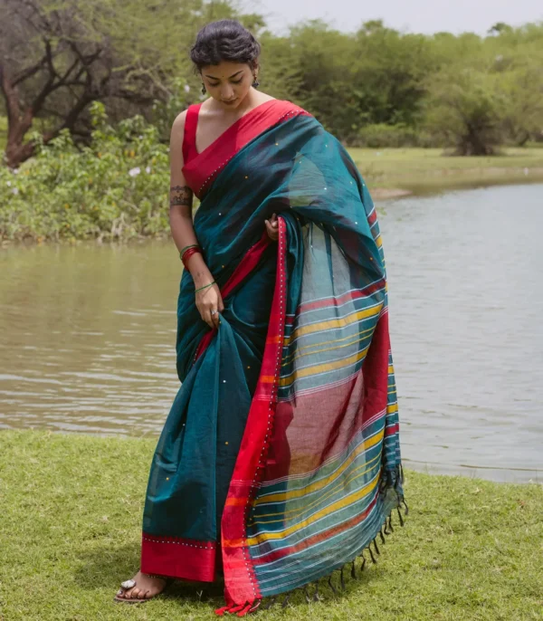 Teal Handloom Bengal Cotton Saree with Geometric Buttas & Contrast Border