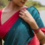 Teal Handloom Bengal Cotton Saree with Geometric Buttas & Contrast Border