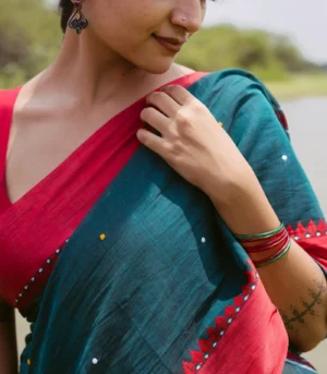 Teal Handloom Bengal Cotton Saree with Geometric Buttas & Contrast Border