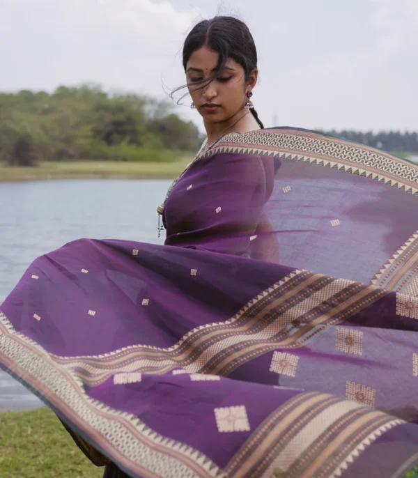 Burgundy Woven Bengal Cotton Saree with Zari Buttas & Double Border