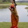 Orange Handloom Bengal Cotton Saree with Diamond Buttas & Animal Bird Motifs