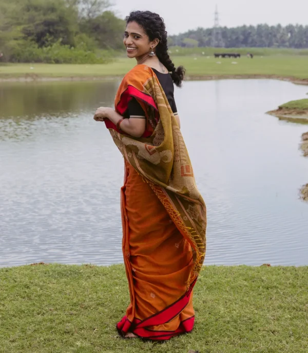 Orange Handloom Bengal Cotton Saree with Diamond Buttas & Animal Bird Motifs