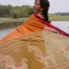 Orange Handloom Bengal Cotton Saree with Diamond Buttas & Animal Bird Motifs