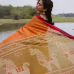 Orange Handloom Bengal Cotton Saree with Diamond Buttas & Animal Bird Motifs