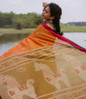 Orange Handloom Bengal Cotton Saree with Diamond Buttas & Animal Bird Motifs