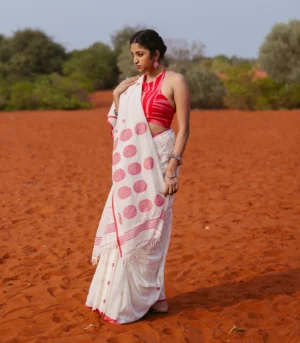 Off White Handloom Bengal Cotton Saree with Checks & Buttas