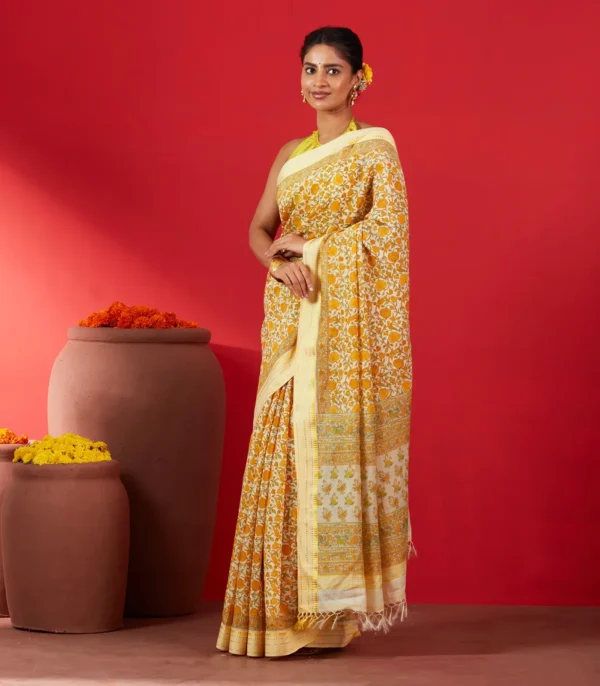 Cream Handloom Chanderi Cotton Saree with Printed Floral Motifs