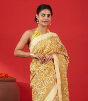 Cream Handloom Chanderi Cotton Saree with Printed Floral Motifs