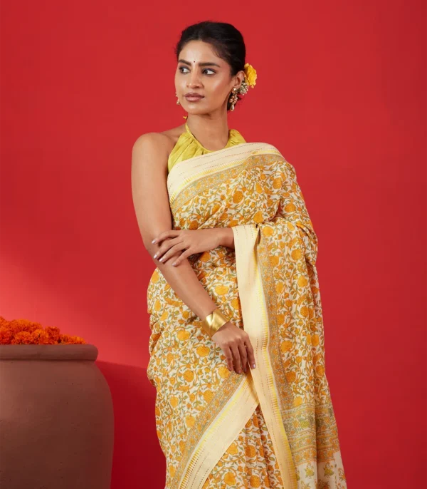 Cream Handloom Chanderi Cotton Saree with Printed Floral Motifs