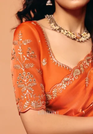 Sia Soft Organza Saree in Orange — Stone Work, Zari & Sequins