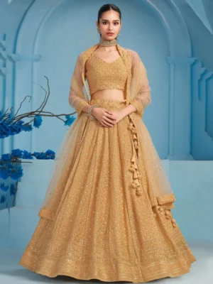 Beautiful Beige Thread Work Georgette Wedding Lehenga Choli with Sequin Net Dupatta