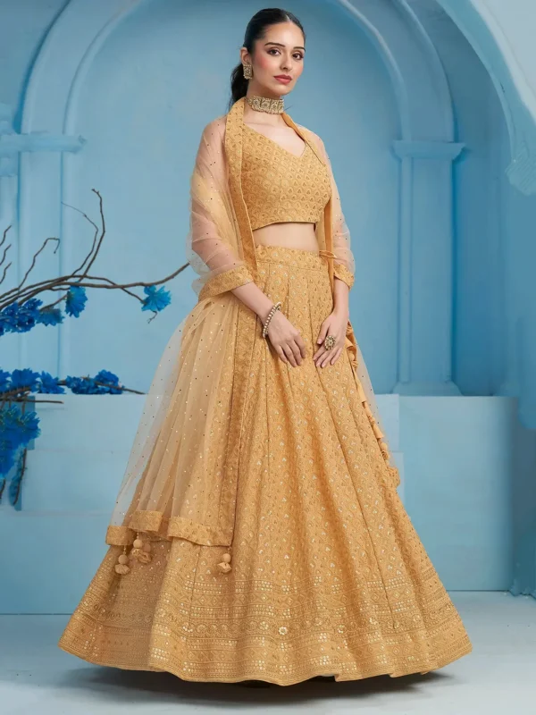 Beautiful Beige Thread Work Georgette Wedding Lehenga Choli with Sequin Net Dupatta