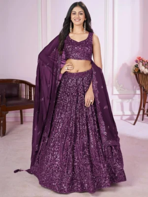 Beautiful Purple Sequins Georgette Wedding Lehenga Choli with Embroidered Dupatta