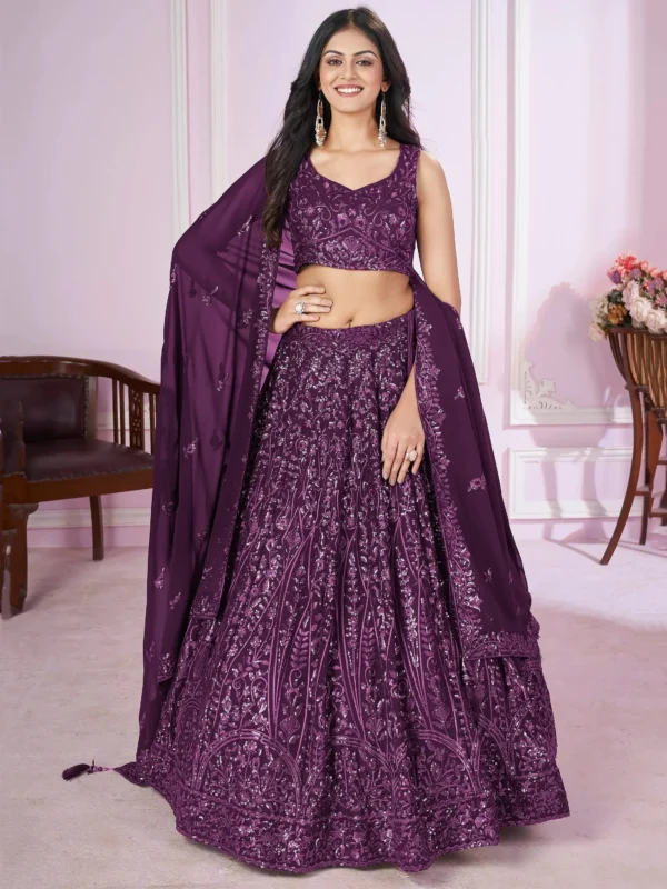 Beautiful Purple Sequins Georgette Wedding Lehenga Choli with Embroidered Dupatta