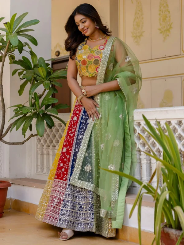 Incredible Multi-Color Sequins Georgette Wedding Lehenga Choli with Green Net Dupatta