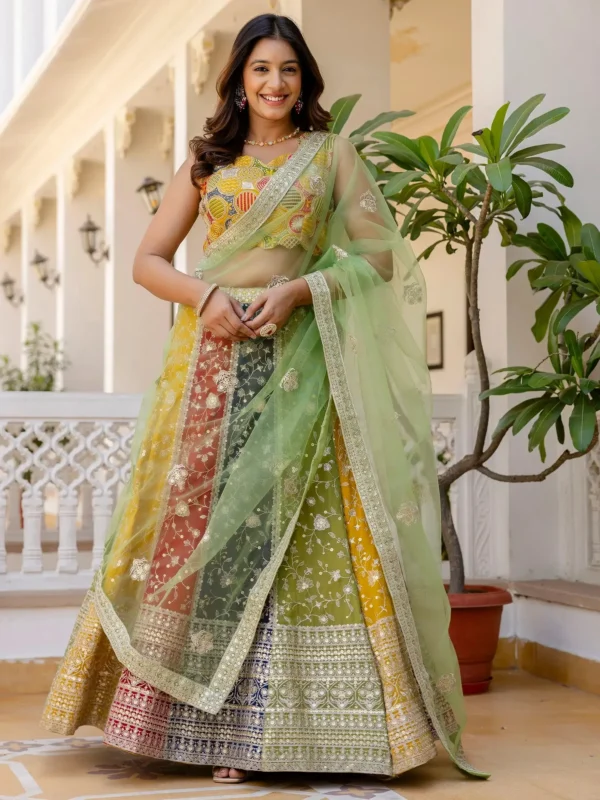Incredible Multi-Color Sequins Georgette Wedding Lehenga Choli with Green Net Dupatta