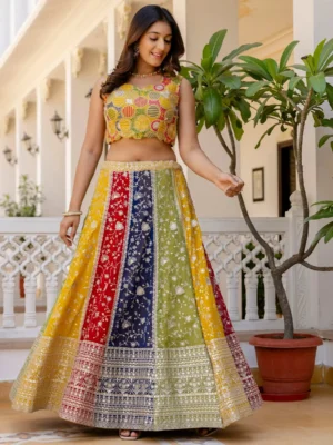 Incredible Multi-Color Sequins Georgette Wedding Lehenga Choli with Green Net Dupatta